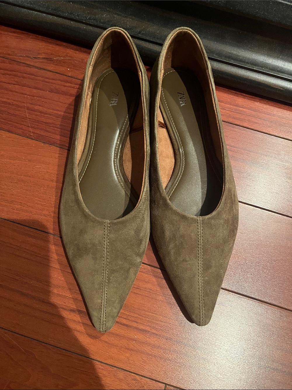 Zara Olive Brown Suede Pointed Ballet Flats